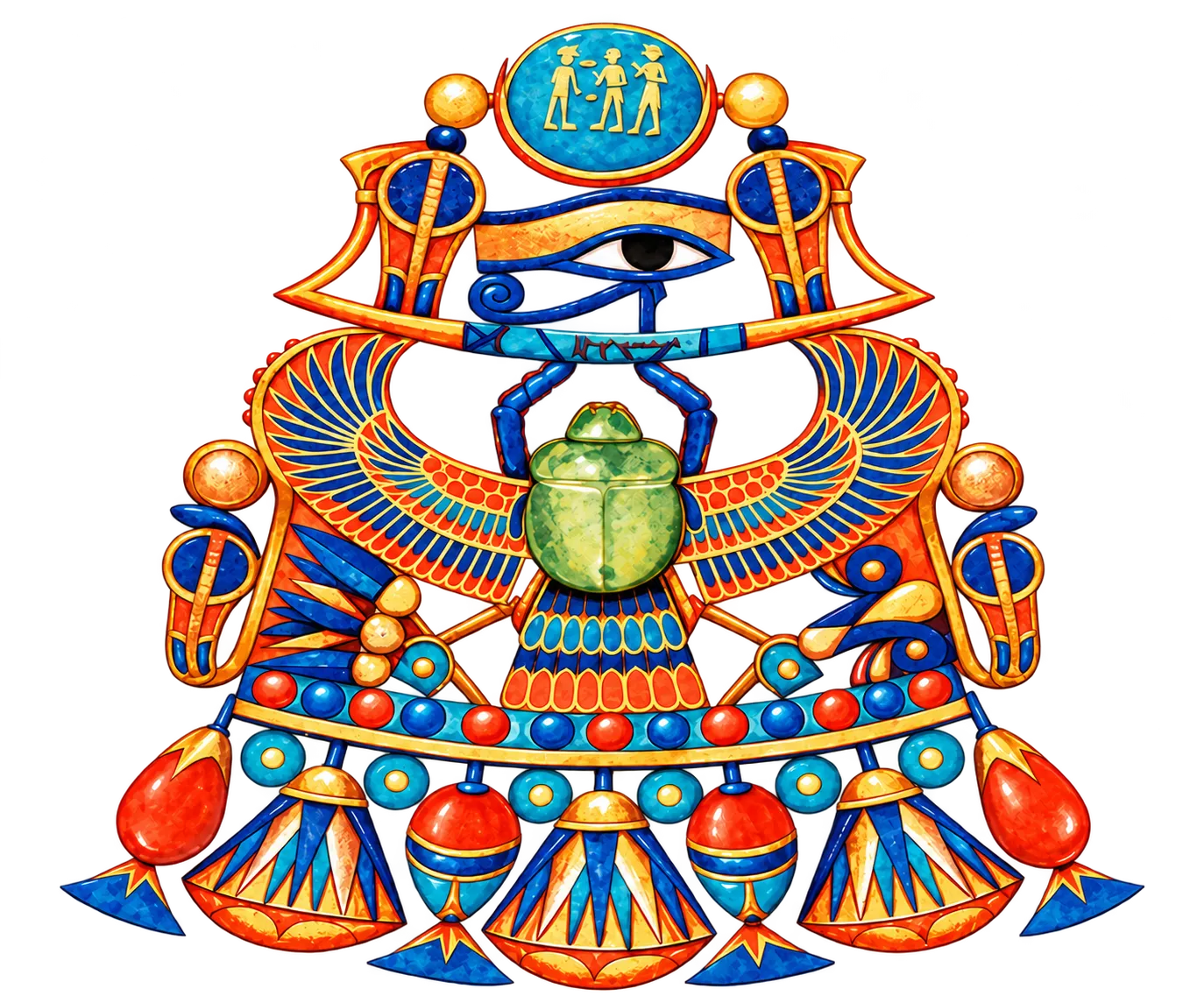 Emblema egipcio con el Ojo de Horus, escarabajo alado y ornamentos solares