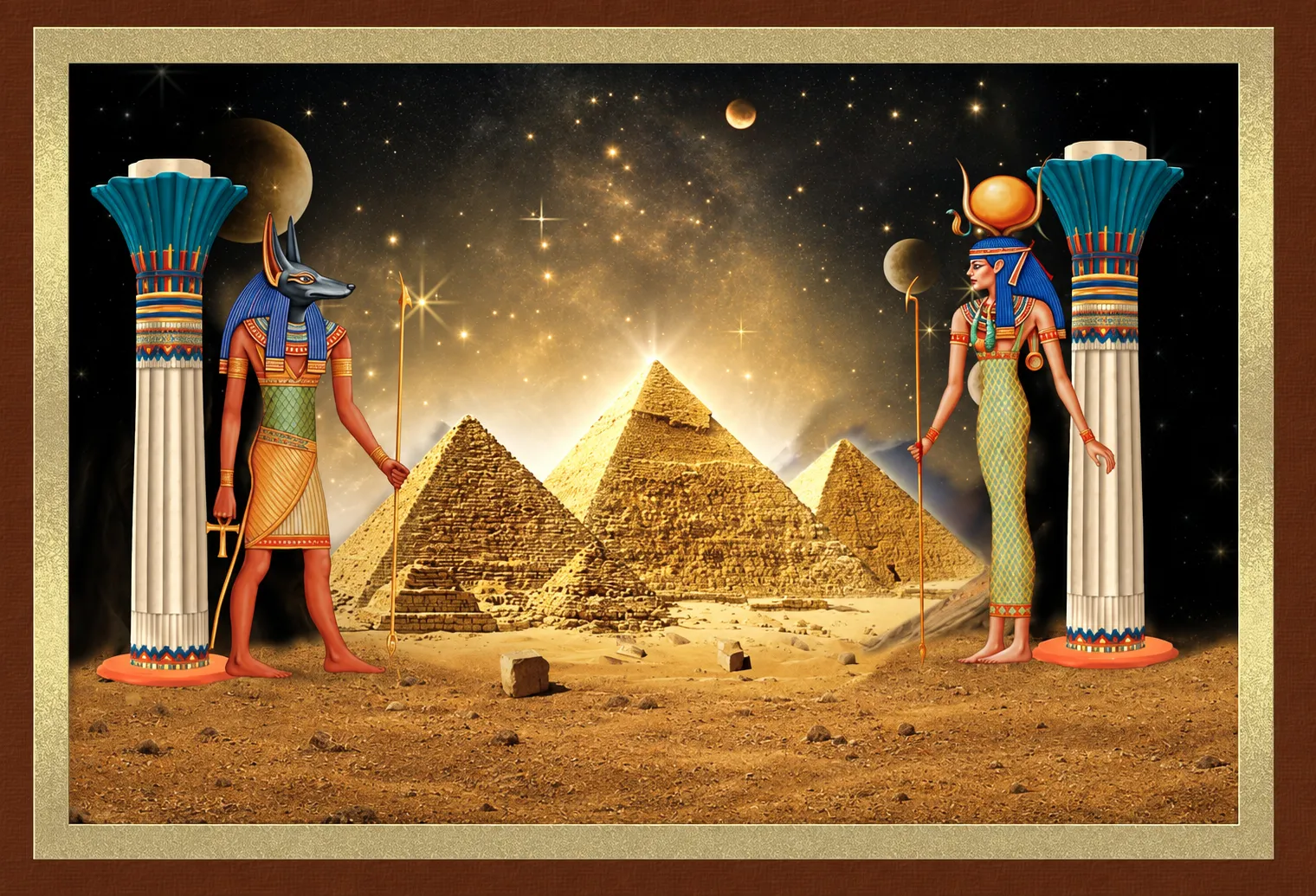 Pirámides de Egipto custodiadas por Anubis y una figura egipcia bajo un cielo estrellado
