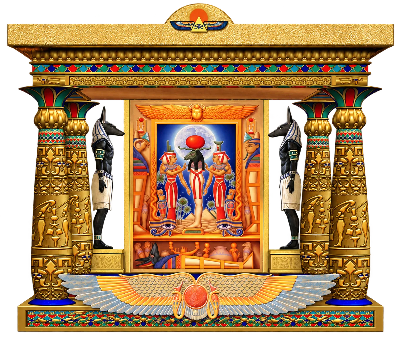 Portal ceremonial egipcio con columnas, figuras de Anubis y símbolos solares